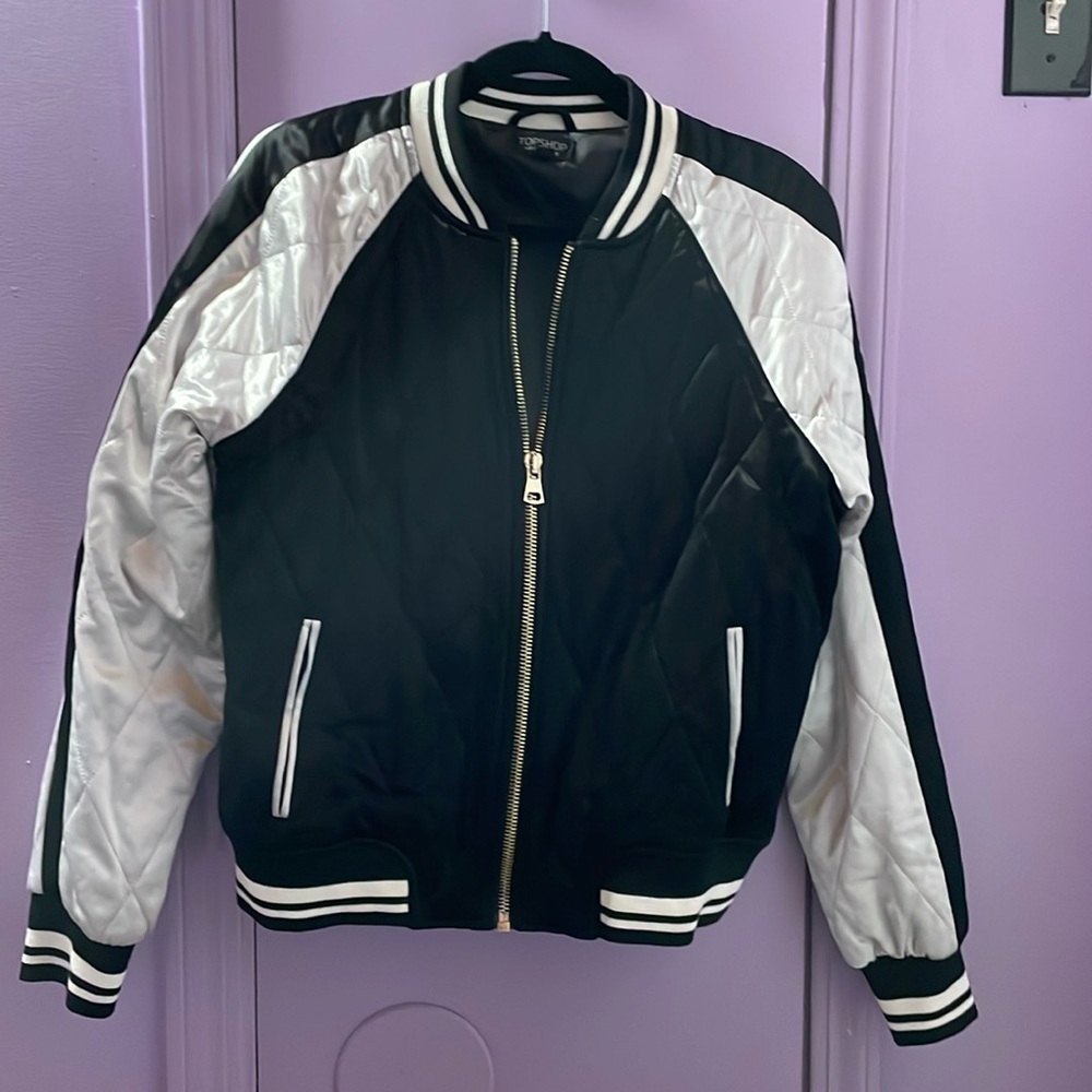 Topshop Satin Padded Black & White Baseball Bomber Jacket! EUC